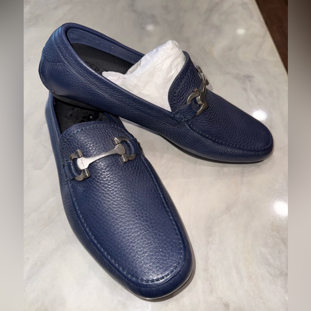 Salvatore Ferragamo Navy Leather Slip-Ons